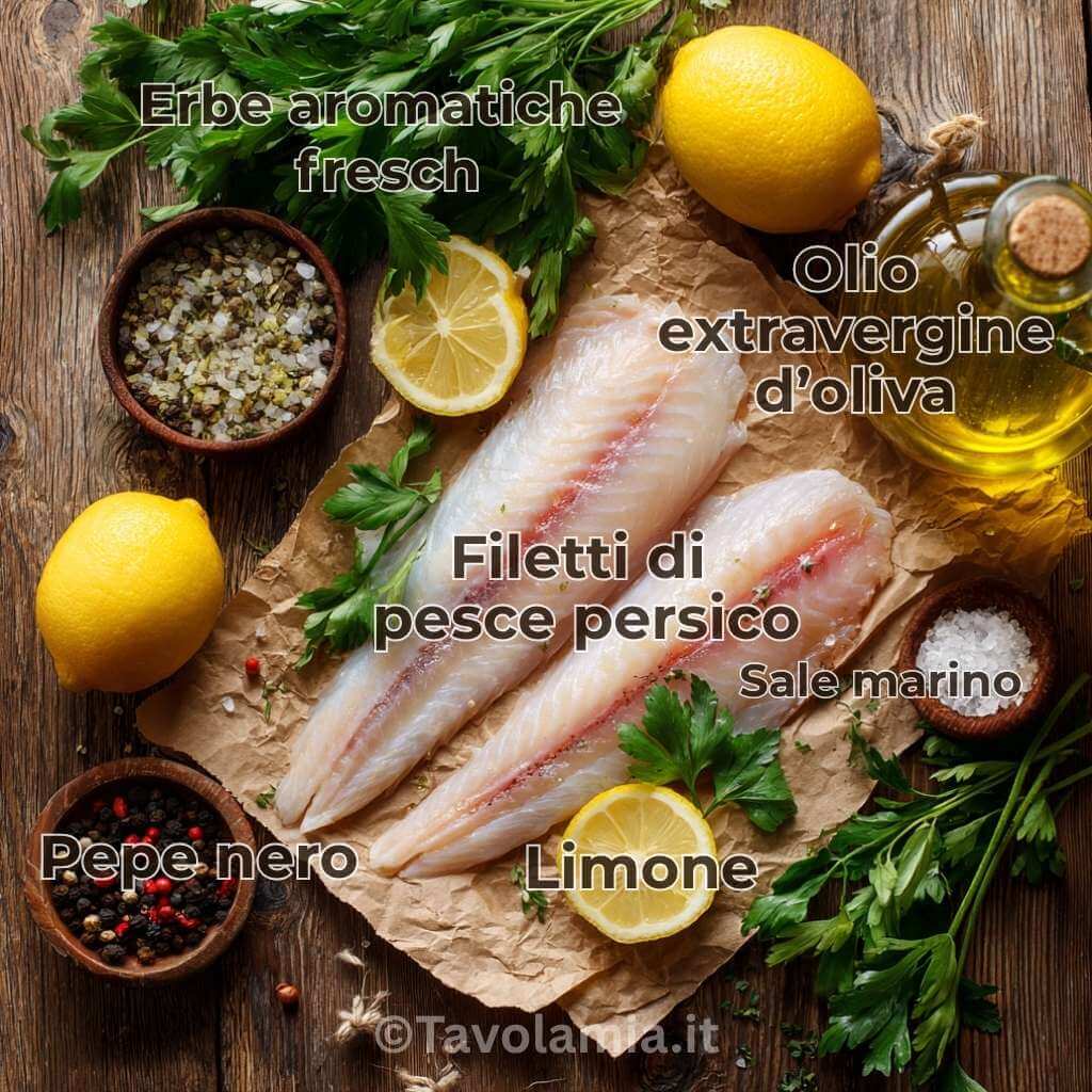 Filetti freschi e ingredienti per ricetta per pesce persico