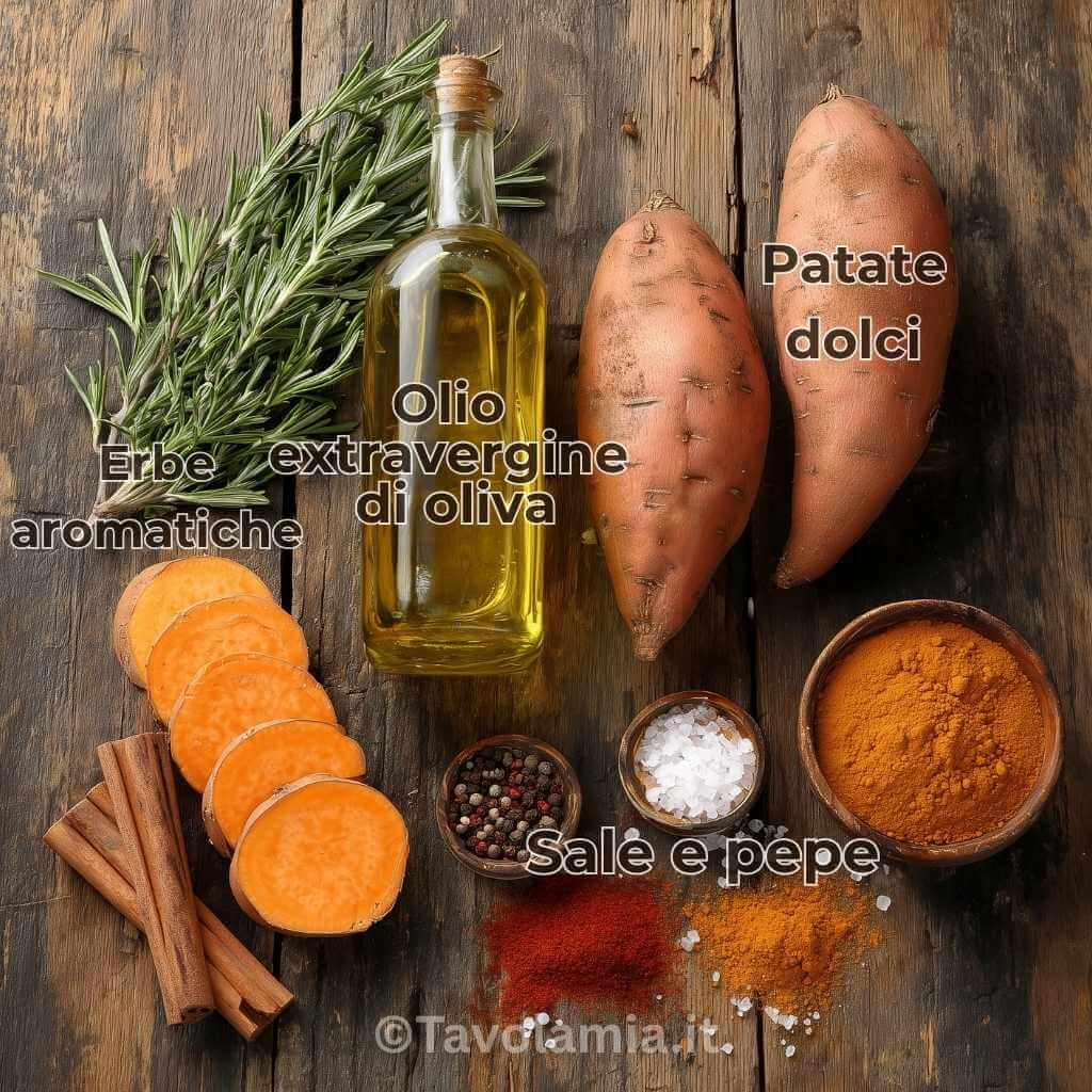 Ingredienti freschi per ricette patate dolci con patate, spezie ed erbe