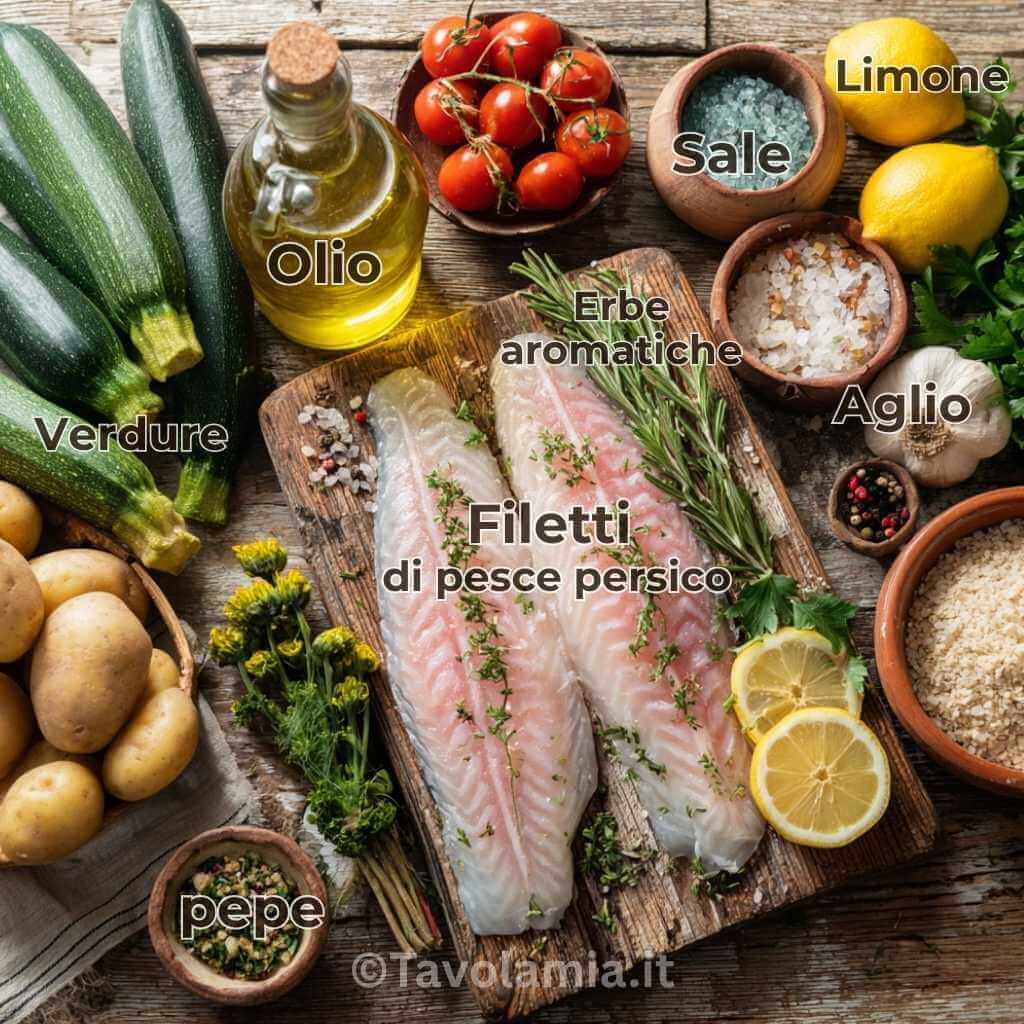Ingredienti freschi per ricette pesce persico con filetti, verdure, limone e aromi