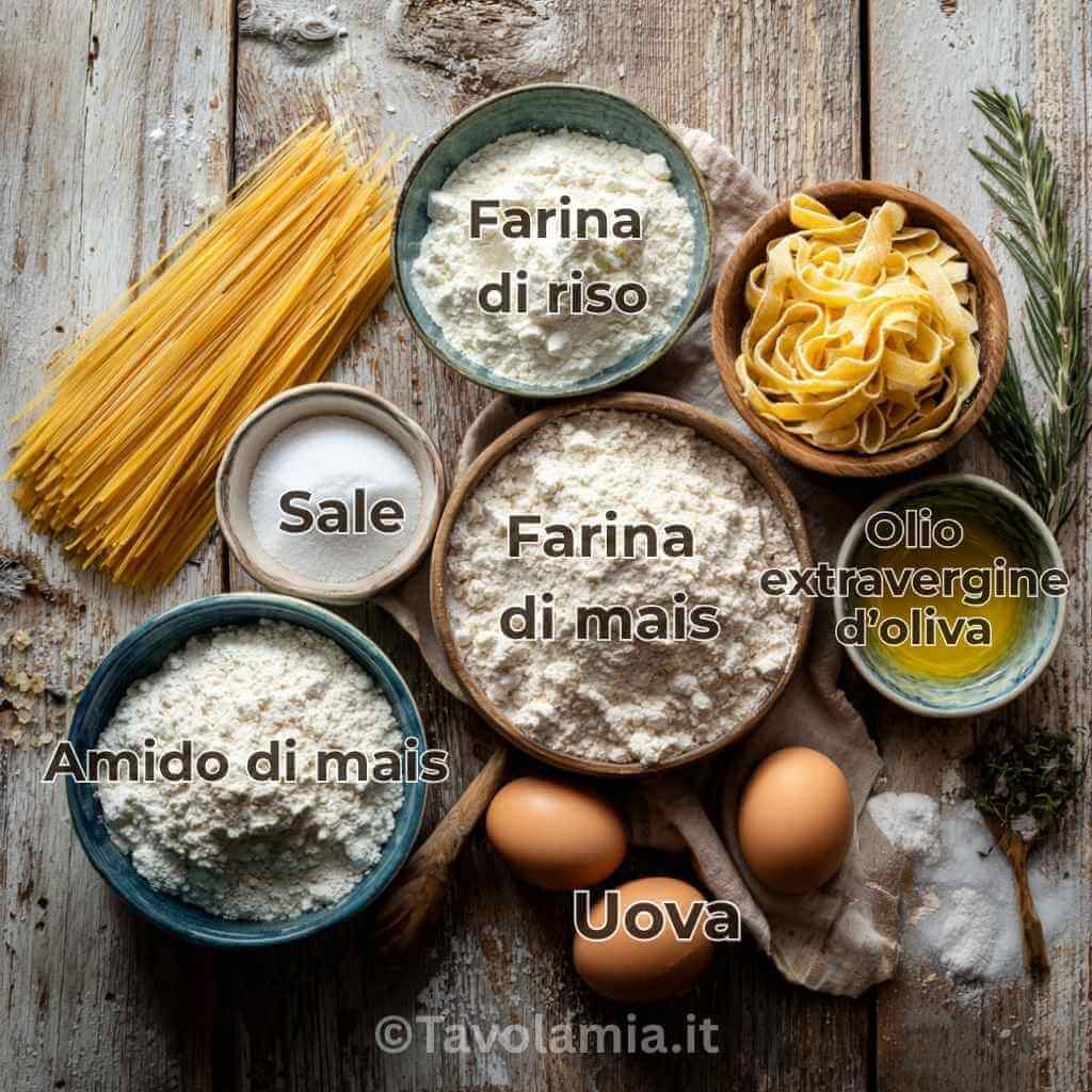 Ingredienti freschi per pasta senza glutine: farina di riso, fecola, farina di mais, uova e gomma di xantano