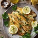 Ricetta per pesce persico servito con limone e prezzemolo fresco