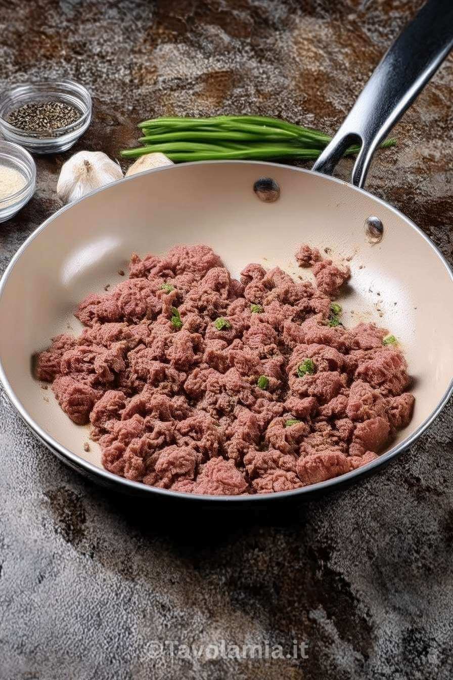 Come cucinare carne macinata: carne in padella con aglio, pepe nero e rosmarino