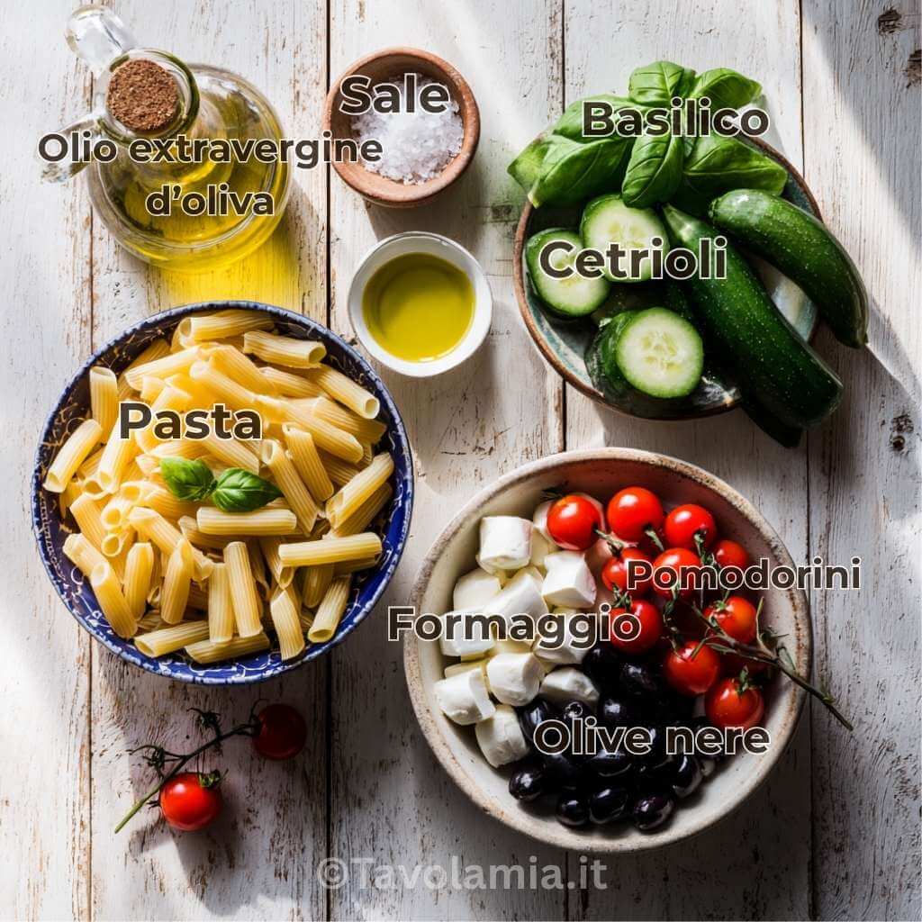 Ingredienti per pasta fredda estiva: pasta corta, pomodorini, cetrioli, olive nere, formaggio e basilico