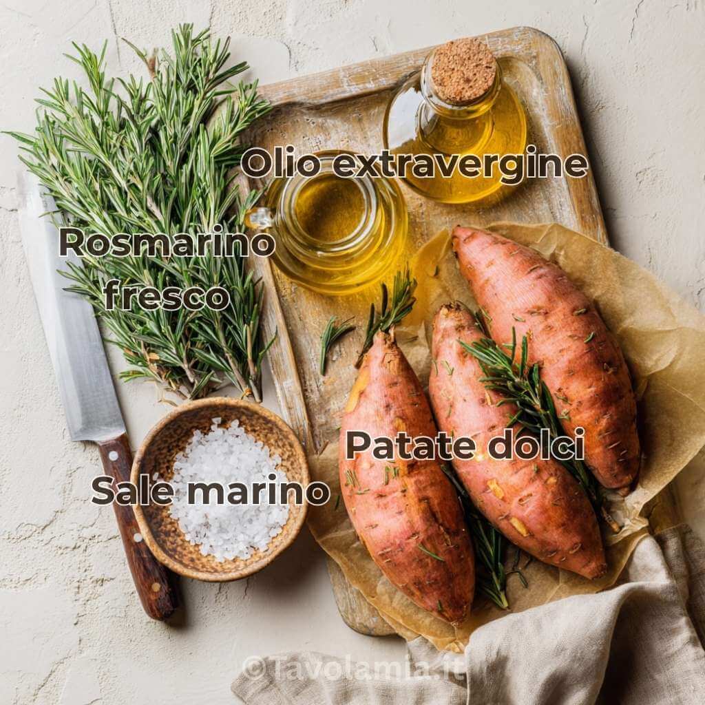 Ingredienti patate dolci al forno: patate dolci, rosmarino fresco, olio extravergine d’oliva e sale marino