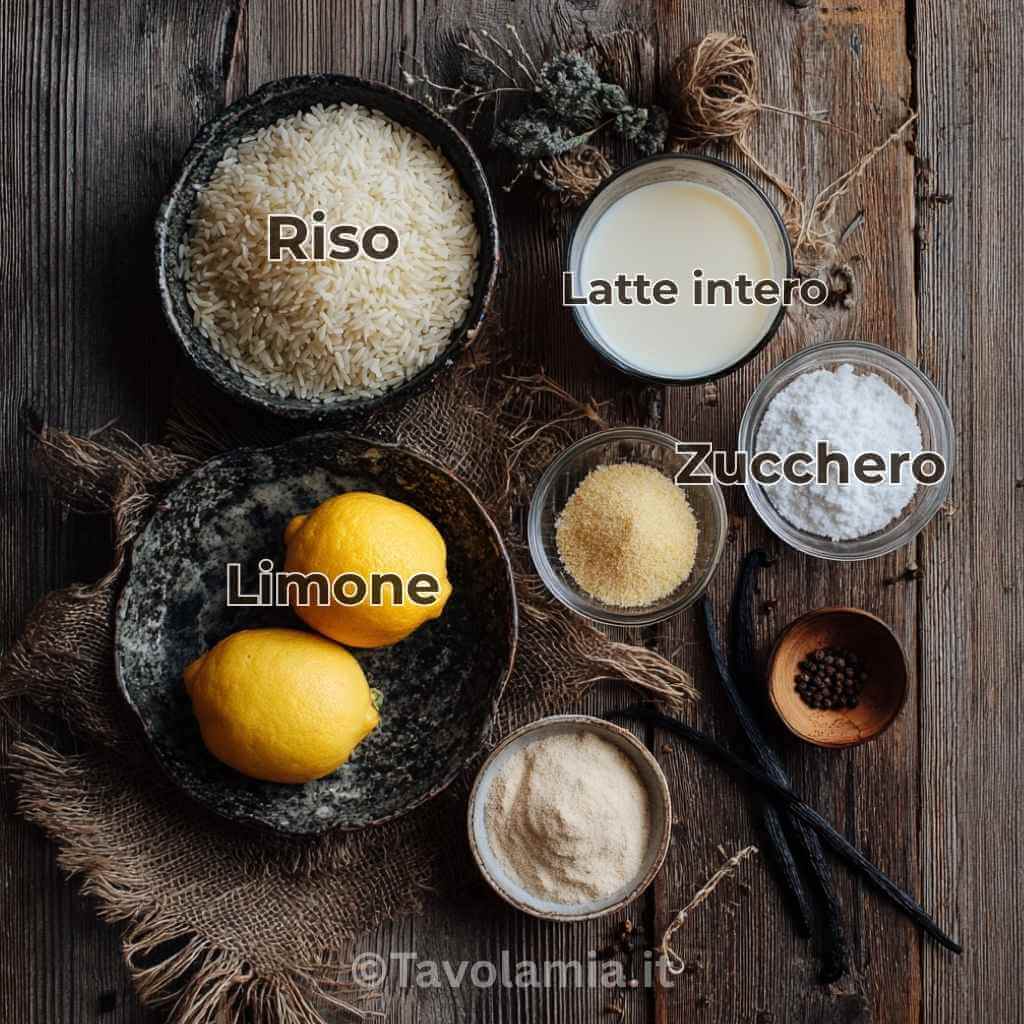 Ingredienti freschi per preparare la ricetta riso al latte: riso, latte, zucchero, limone e vaniglia