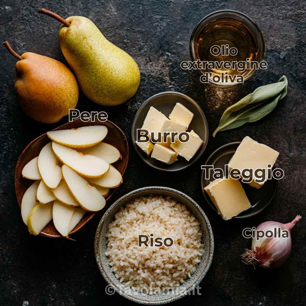 Ingredienti disposti su sfondo scuro per preparare la ricetta riso taleggio e pere