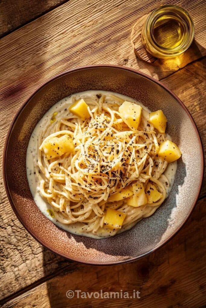 Piatto di pasta e patate con provola filante e patate dorate