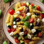 Piatto di pasta fredda estiva con pomodorini, cetrioli, olive nere e formaggio feta