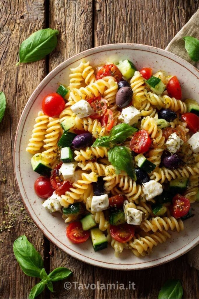 Piatto di pasta fredda estiva con pomodorini, cetrioli, olive nere e formaggio feta