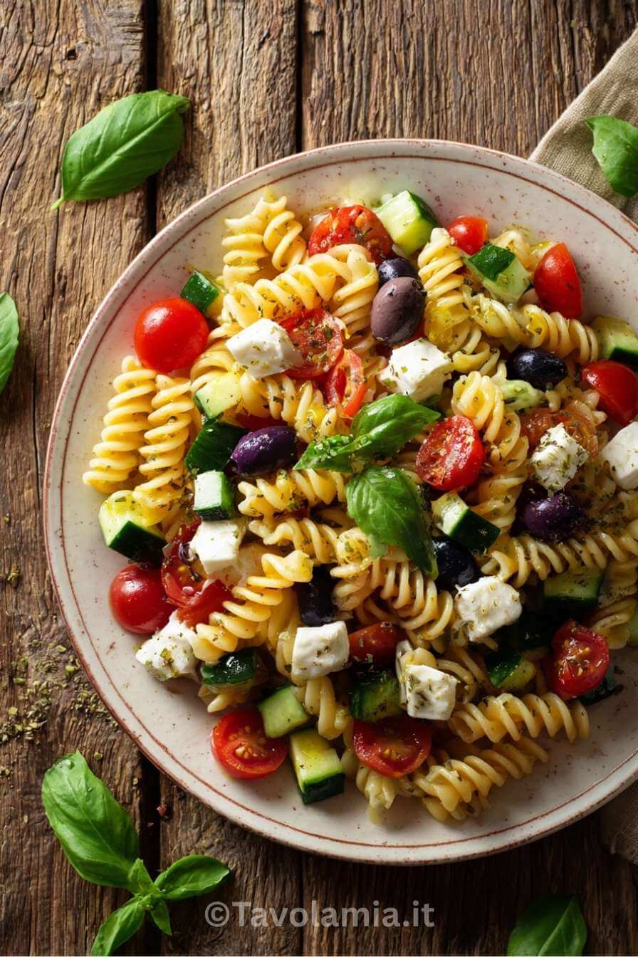 Piatto di pasta fredda estiva con pomodorini, cetrioli, olive nere e formaggio feta