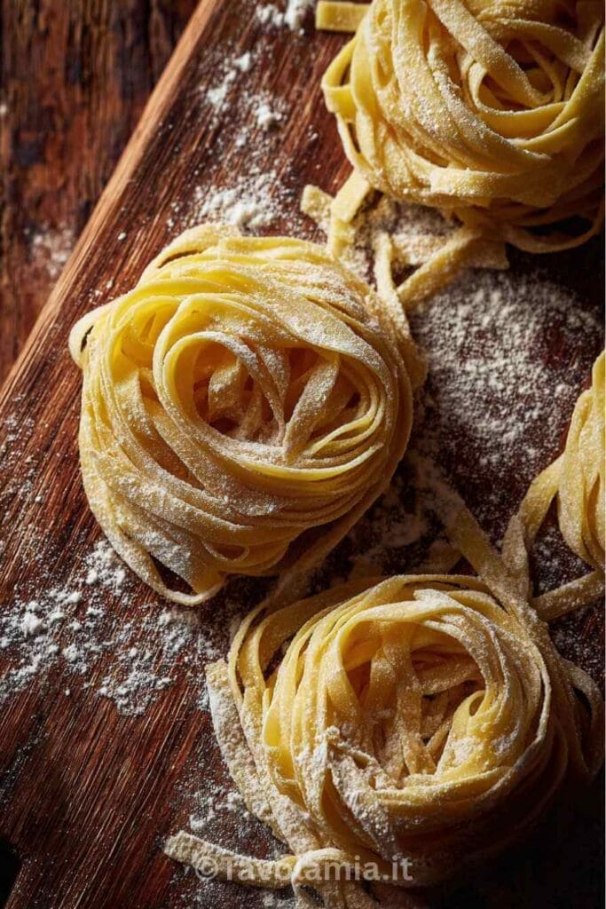 Pasta senza glutine fatta in casa su tagliere rustico con farina di riso