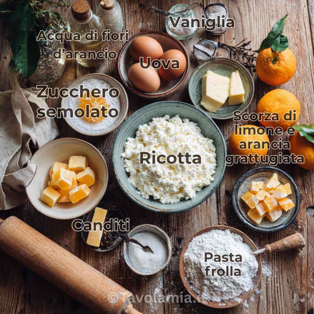 Ingredienti freschi per preparare la pastiera napoletana: ricotta, grano cotto, canditi, agrumi e fiori d’arancio