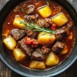 Spezzatino con patate servito in ciotola moderna con rosmarino fresco