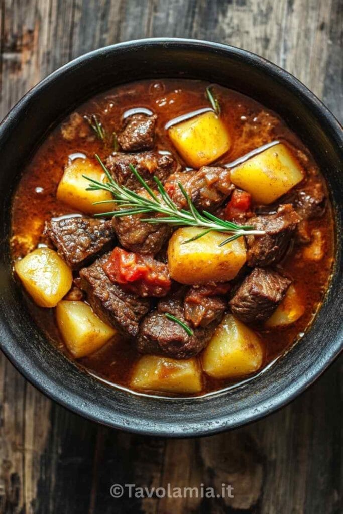 Spezzatino con patate servito in ciotola moderna con rosmarino fresco