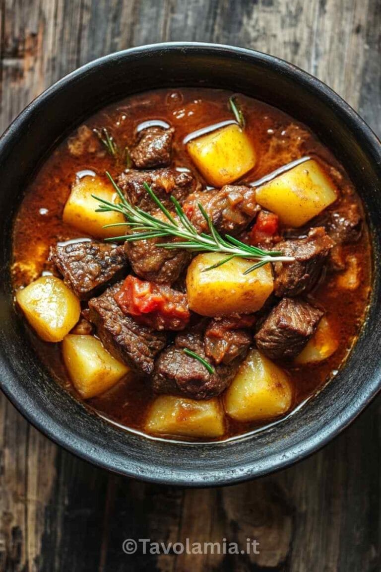 Spezzatino con patate servito in ciotola moderna con rosmarino fresco