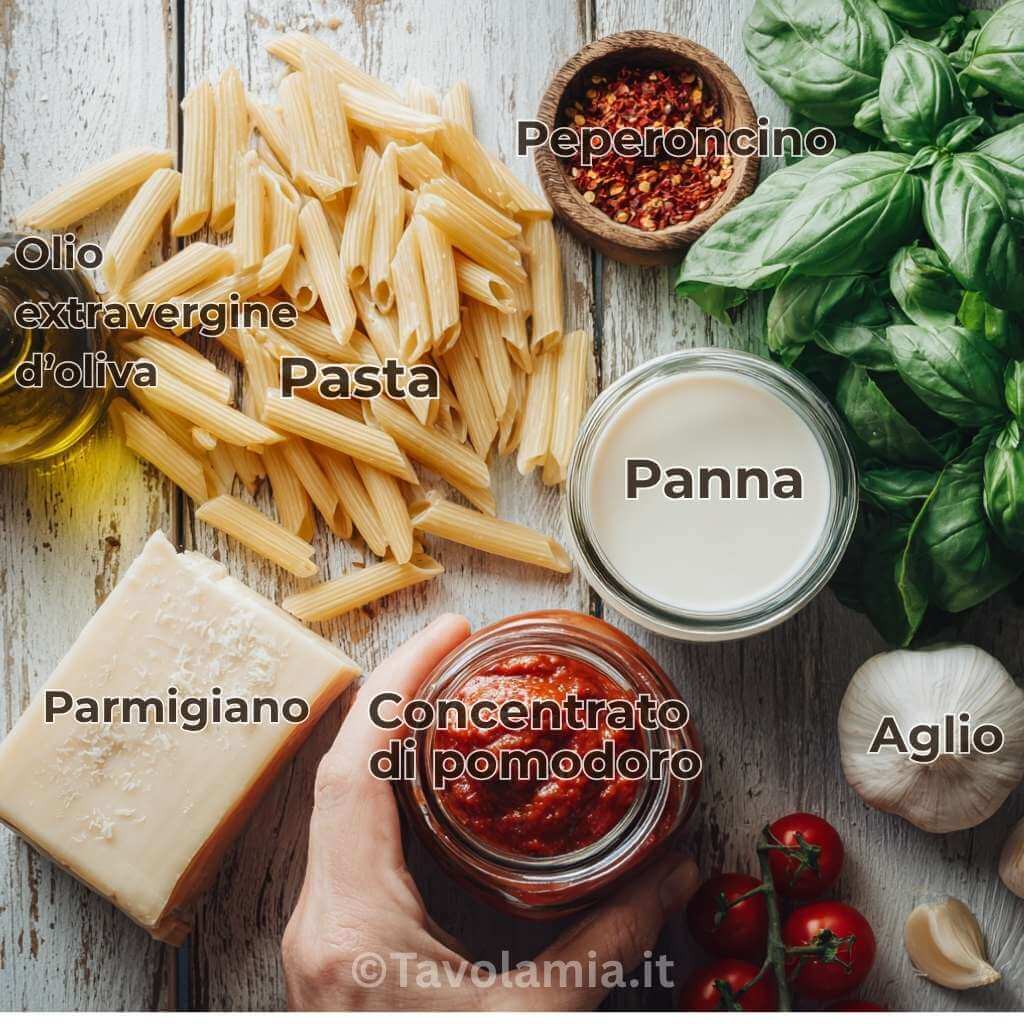 Ingredienti freschi per Gigi Hadid Pasta: pasta, pomodoro, panna, aglio e basilico