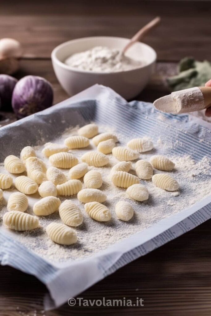 Gnocchi fatti in casa freschi, disposti su vassoio infarinato pronti per la cottura