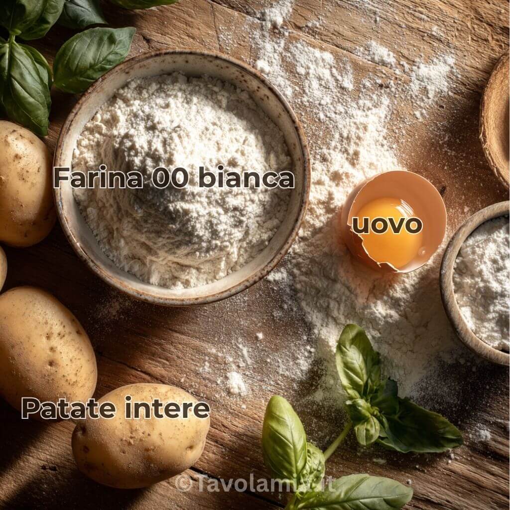 Ingredienti per gnocchi fatti in casa: farina 00 bianca in ciotola, uovo aperto, patate intere e foglie di basilico su tavolo rustico infarinato.