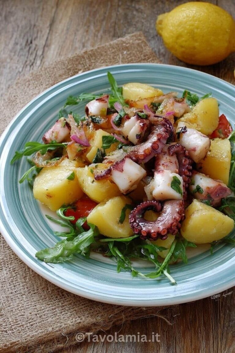 Insalata di polpo e patate servita su piatto rustico con rucola e limone
