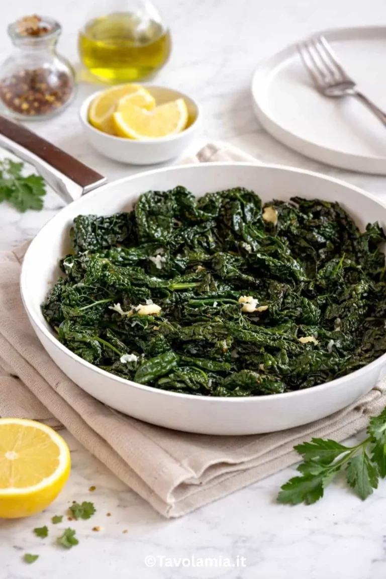 Cavolo nero in padella cotto con aglio e olio extravergine d’oliva, servito in un piatto bianco