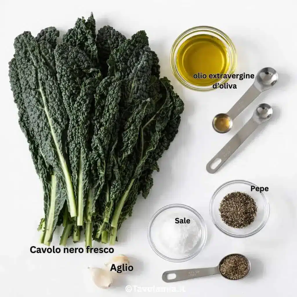 Foglie di cavolo nero fresco, aglio, olio extravergine, sale e pepe su sfondo bianco