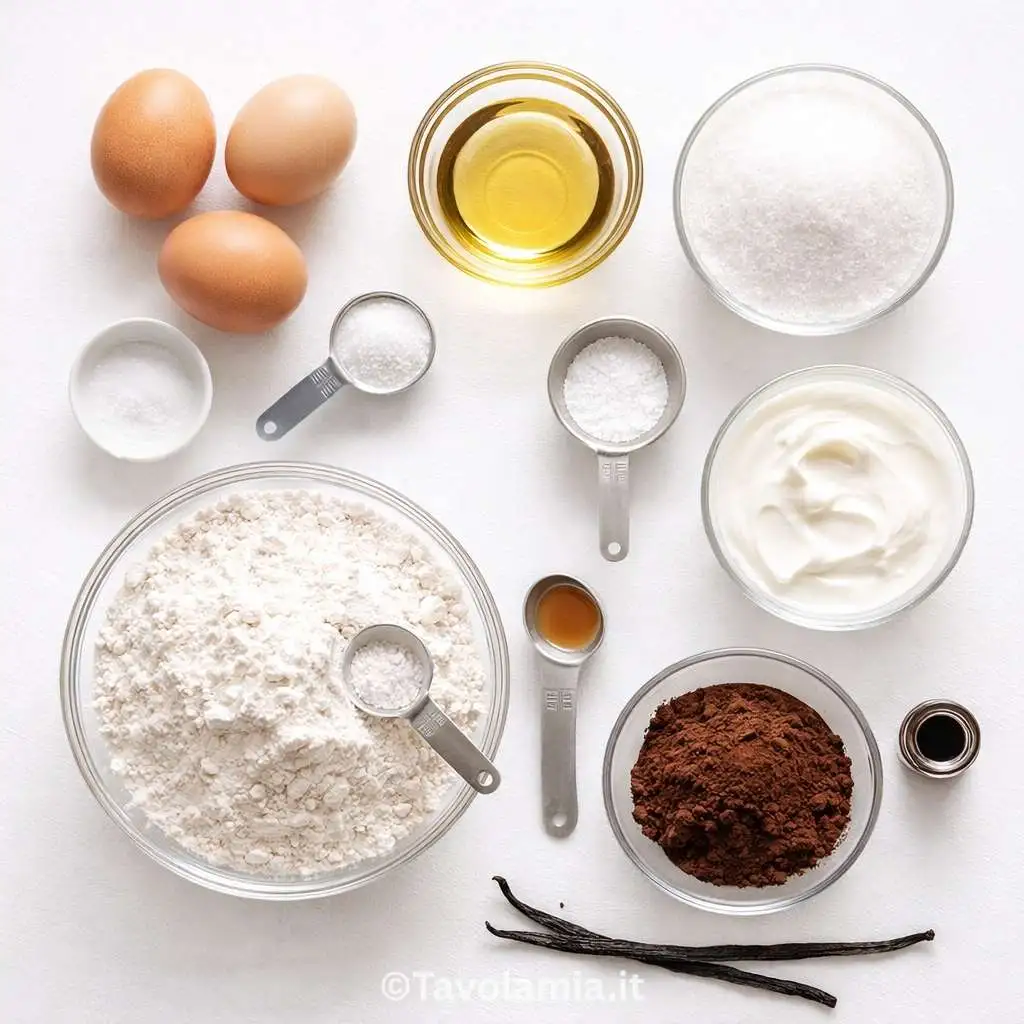 Ingredienti per ciambella bicolore: uova, farina, yogurt, cacao e vaniglia