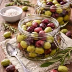 Olive verdi e nere in salamoia fatte in casa, conservate in barattoli di vetro.