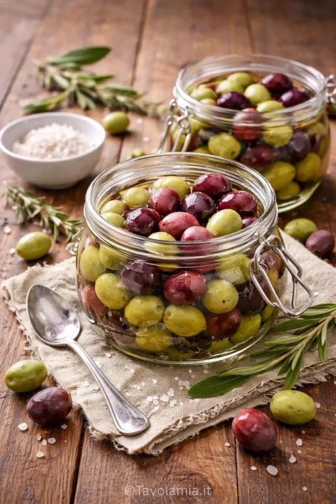 Olive verdi e nere in salamoia fatte in casa, conservate in barattoli di vetro.