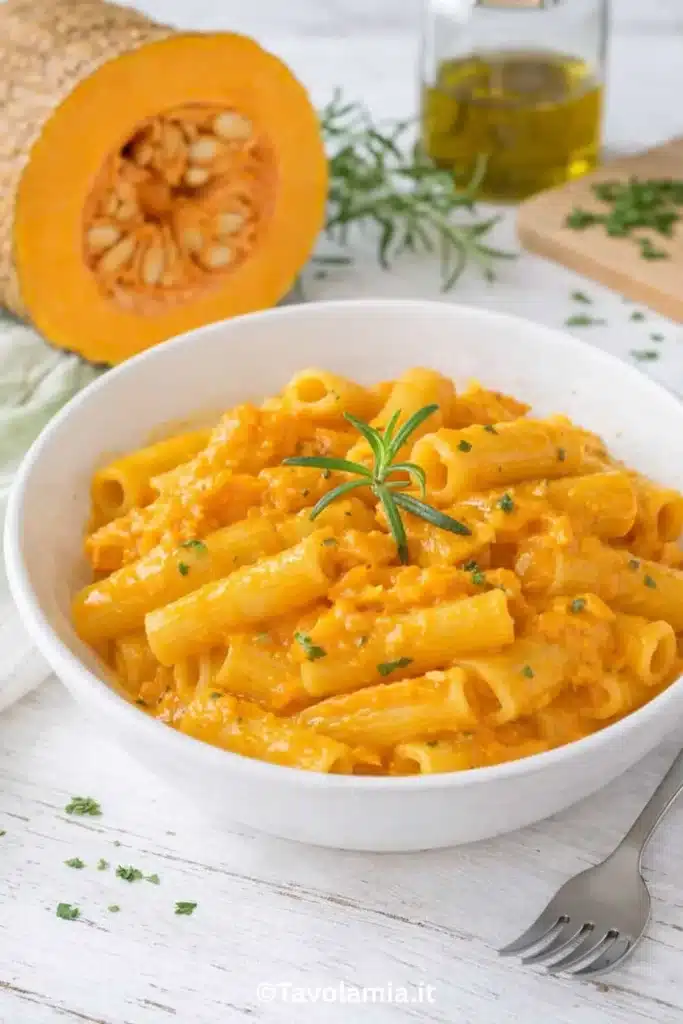 Zucca fresca, pasta corta o lunga, sale, pepe e aromi per una pasta cremosa fatta in casa.