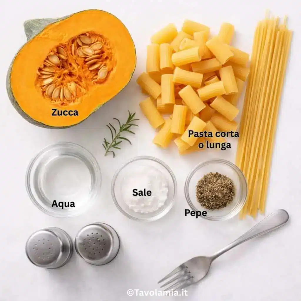 Ingredienti per pasta con zucca cremosa: zucca, pasta, sale, pepe e rosmarino