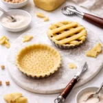 Pasta frolla per crostata fatta in casa, stesa nello stampo con griglia sopra