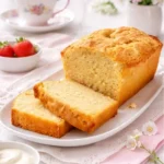 Plumcake allo yogurt soffice fatto in casa, tagliato a fette e servito a colazione
