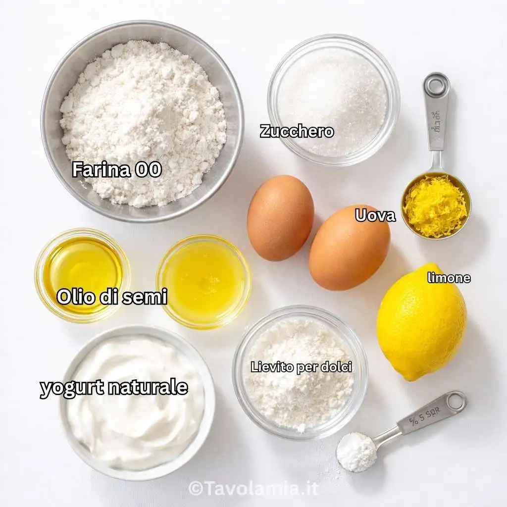 Ingredienti per plumcake allo yogurt: farina 00, uova, yogurt naturale, zucchero, olio di semi, limone e lievito