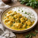 Piatto di pollo al curry cremoso servito con riso basmati e prezzemolo fresco.