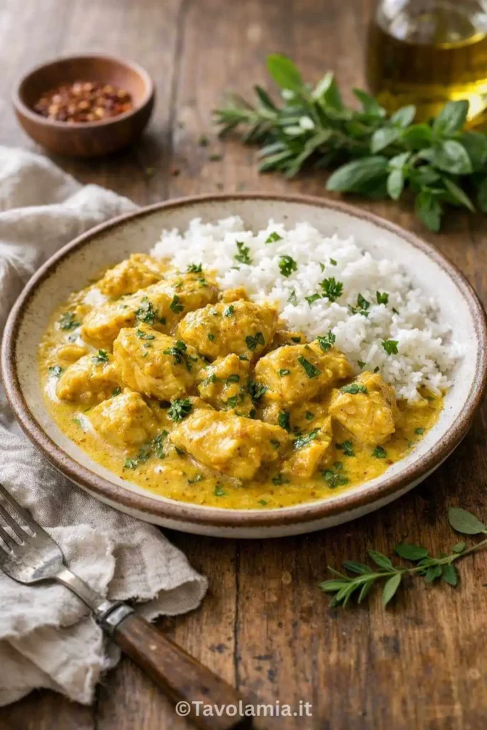 Piatto di pollo al curry cremoso servito con riso basmati e prezzemolo fresco.
