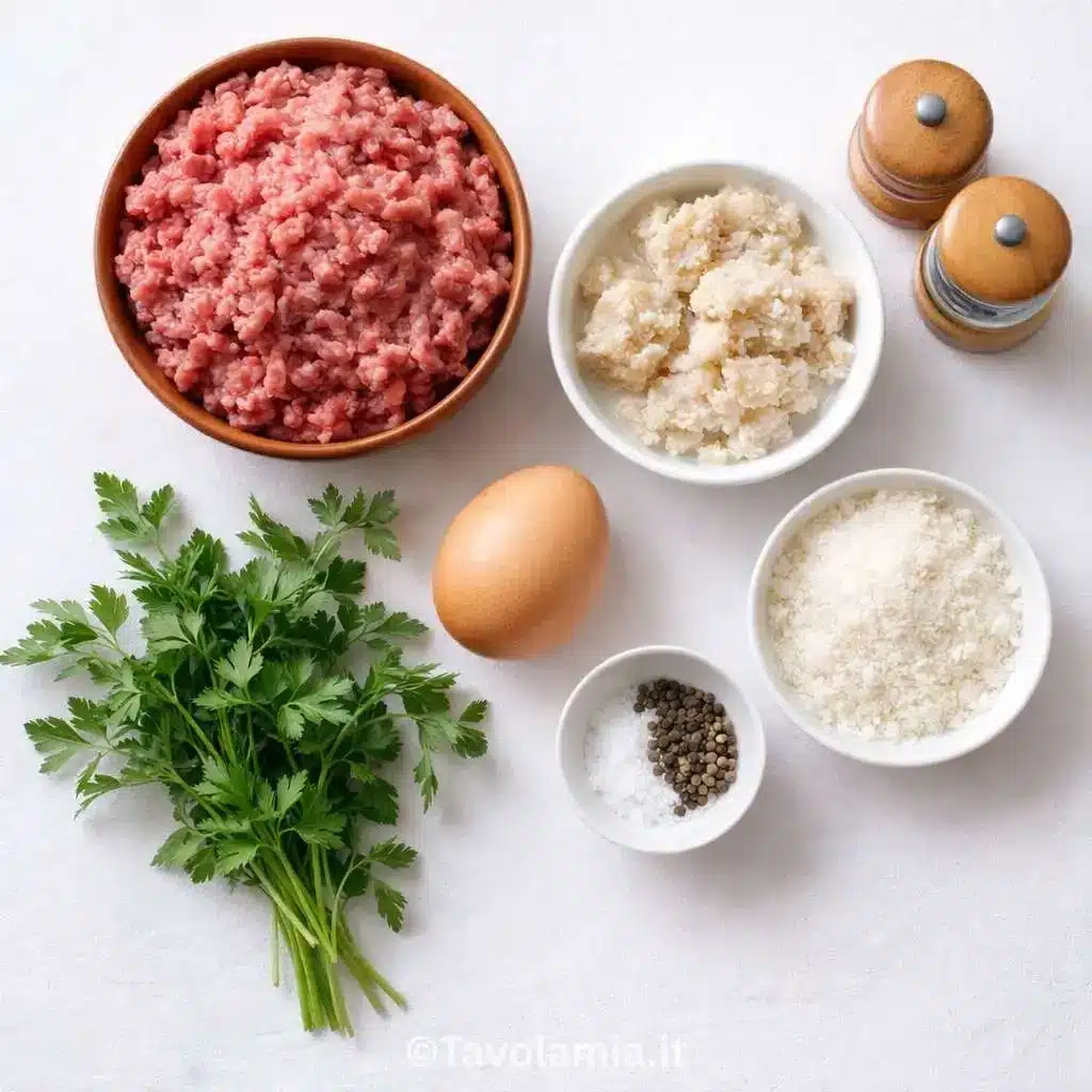 Ingredienti per preparare le polpette di carne: carne macinata, pane ammollato, uovo, parmigiano e prezzemolo