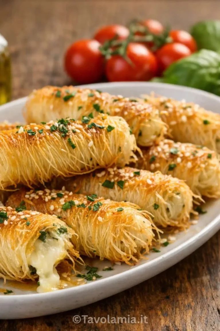 Ricette con pasta kataifi: involtini croccanti al forno con ripieno salato, serviti su piatto bianco
