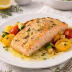 Salmone al forno appena cotto, servito con verdure di stagione