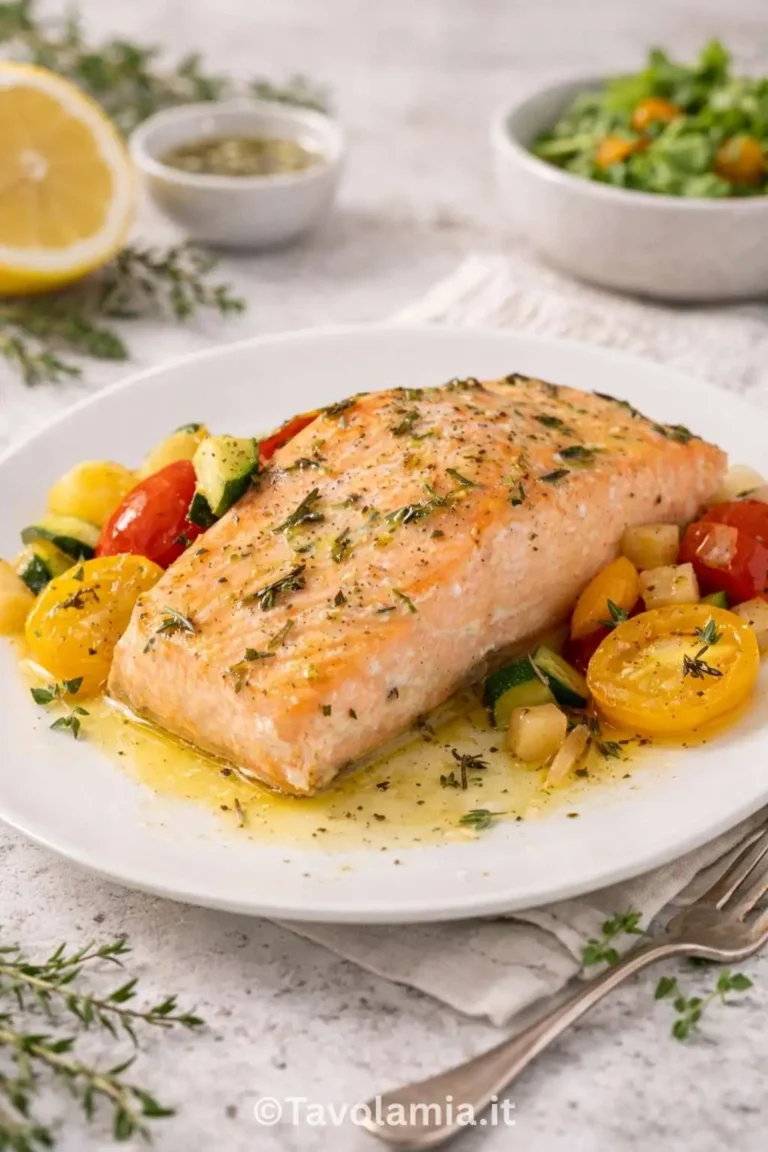 Salmone al forno appena cotto, servito con verdure di stagione