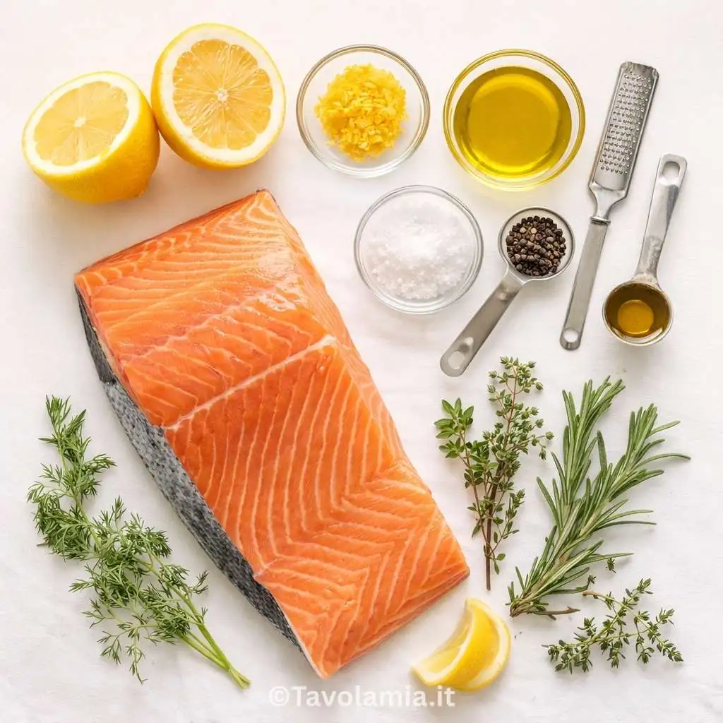 Ingredienti del salmone al forno con limone, olio extravergine e erbe aromatiche