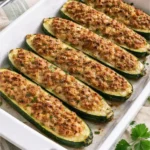 Zucchine ripiene al forno, gratinate e dorate, farcite con carne macinata e Parmigiano, servite in una pirofila bianca.