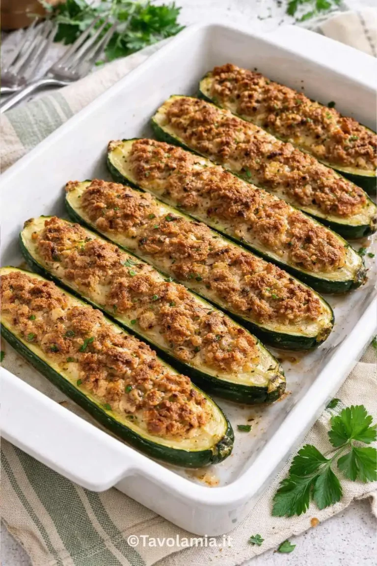 Zucchine ripiene al forno, gratinate e dorate, farcite con carne macinata e Parmigiano, servite in una pirofila bianca.
