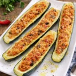 Zucchine ripiene al forno servite su un piatto bianco, con ripieno dorato e gratinato