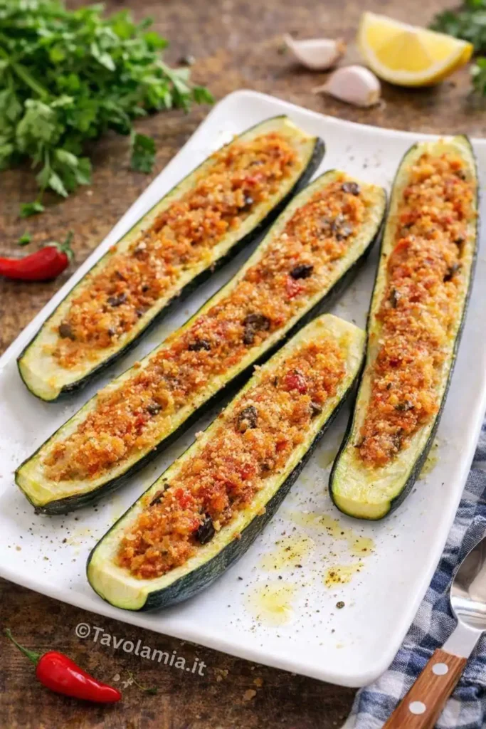 Zucchine ripiene al forno servite su un piatto bianco, con ripieno dorato e gratinato