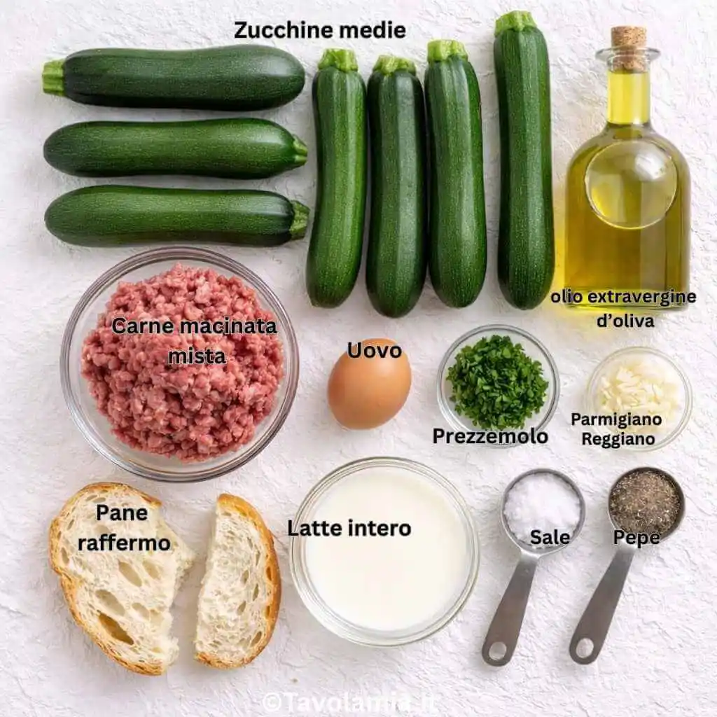 Ingredienti principali per zucchine ripiene: zucchine, carne macinata, uovo, pane, latte, prezzemolo, parmigiano, sale, pepe e olio extravergine