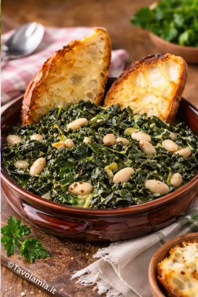 Zuppa di cavolo nero servita in ciotola di terracotta con fagioli cannellini e crostoni di pane rustico.