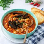 Zuppa di pesce calda con cozze e gamberi servita con pane tostato