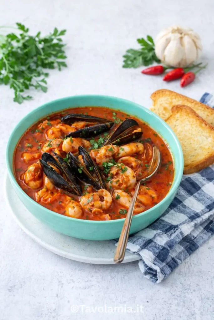 Zuppa di pesce calda con cozze e gamberi servita con pane tostato