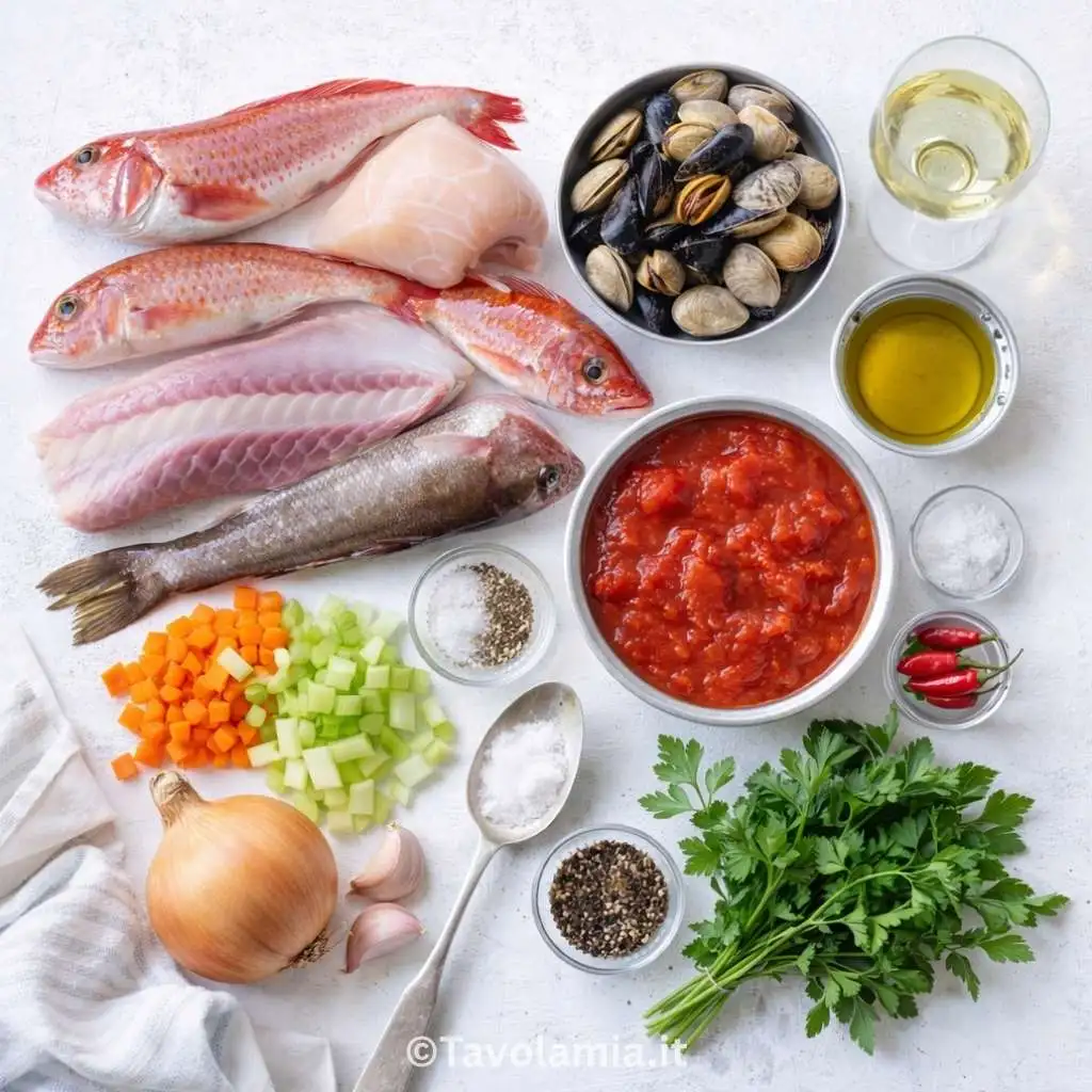 Ingredienti freschi per la zuppa di pesce: pesce misto, cozze, vongole, pomodoro e verdure