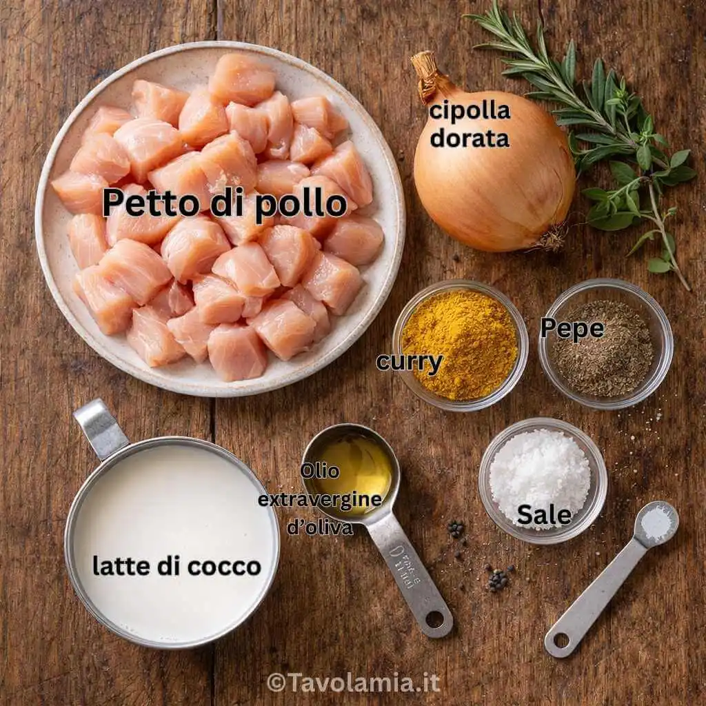 Ingredienti freschi per preparare il pollo al curry: petto di pollo, cipolla dorata, curry, latte di cocco, pepe, sale e olio extravergine d’oliva.